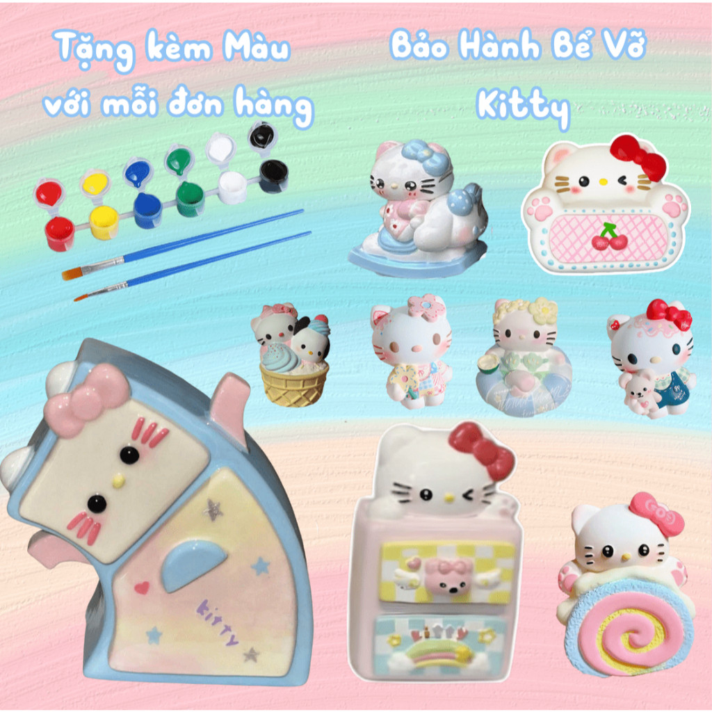 Tượng thạch cao tô màu Kitty,Tủ kitty nghiêng,Hũ Kem Kitty,Bập Bênh Kitty ( Tặng màu  )