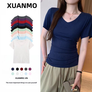 XUANMO Local brand Áo baby tee Áo Thun ôm body Áo y2k 100% cotton Áo thun ngắn tay cổ chữ V phong cách mới mùa hè dành cho nữ