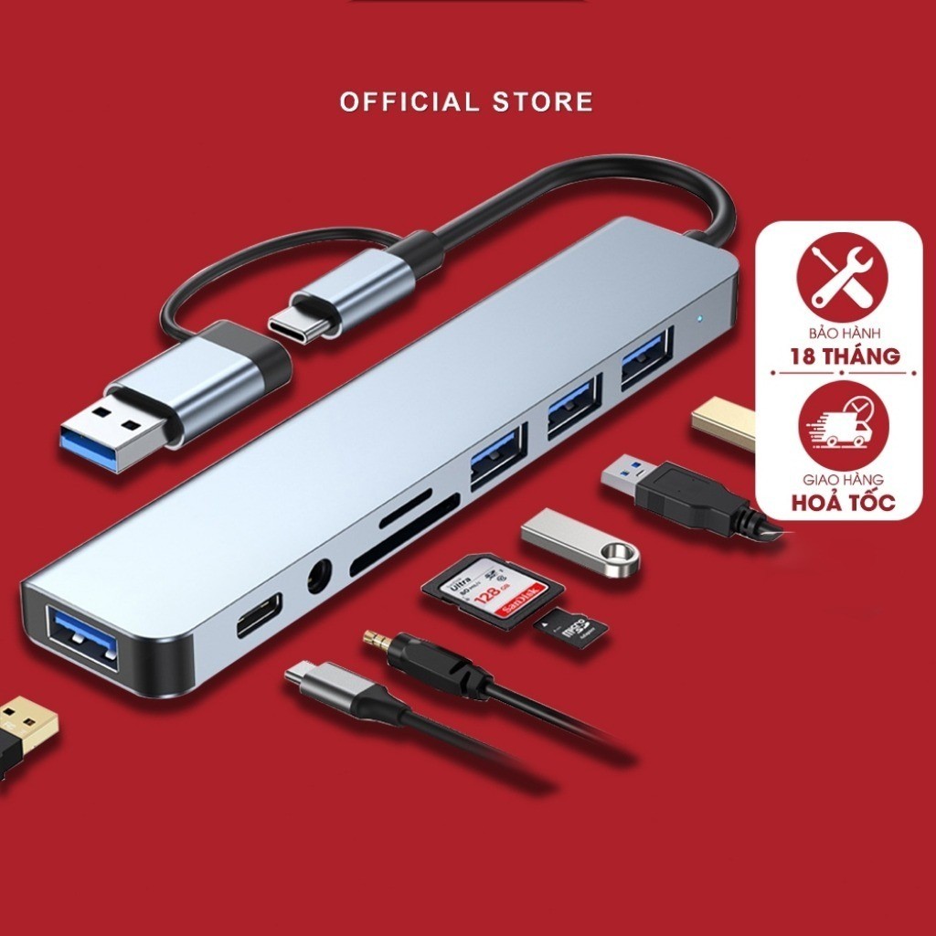HUB Type C và USB 3.0 8in1 đa năng - Cổng chuyển đổi HDMI SD TF RJ45 PD sạc nhanh tương thích đa thiết bị chất lượng cao