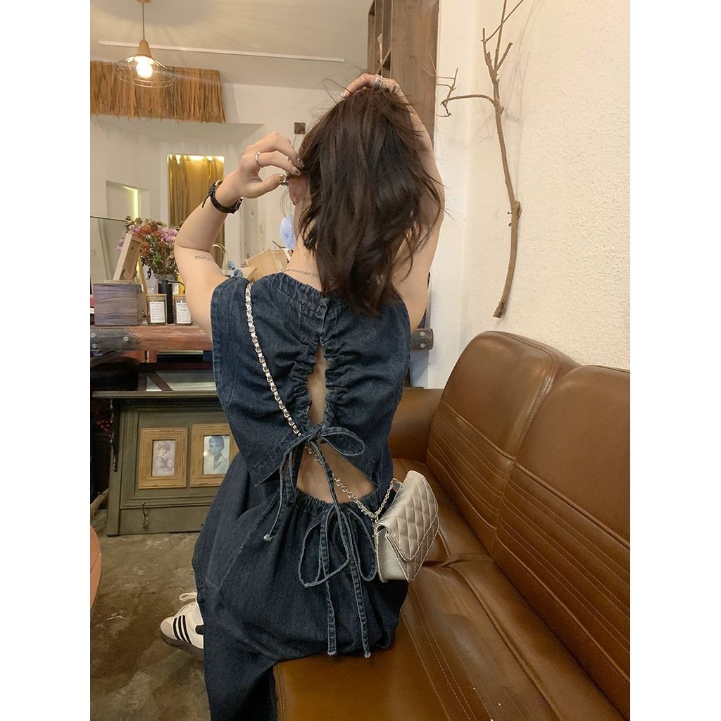 Váy Liền Áo Ba Lỗ Bò Dáng Dài Thiết Kế Chiết Eo Thiết Kế Hở Lưng Khoét Lỗ Mẫu Mới Mùa Hè Cho Nữ