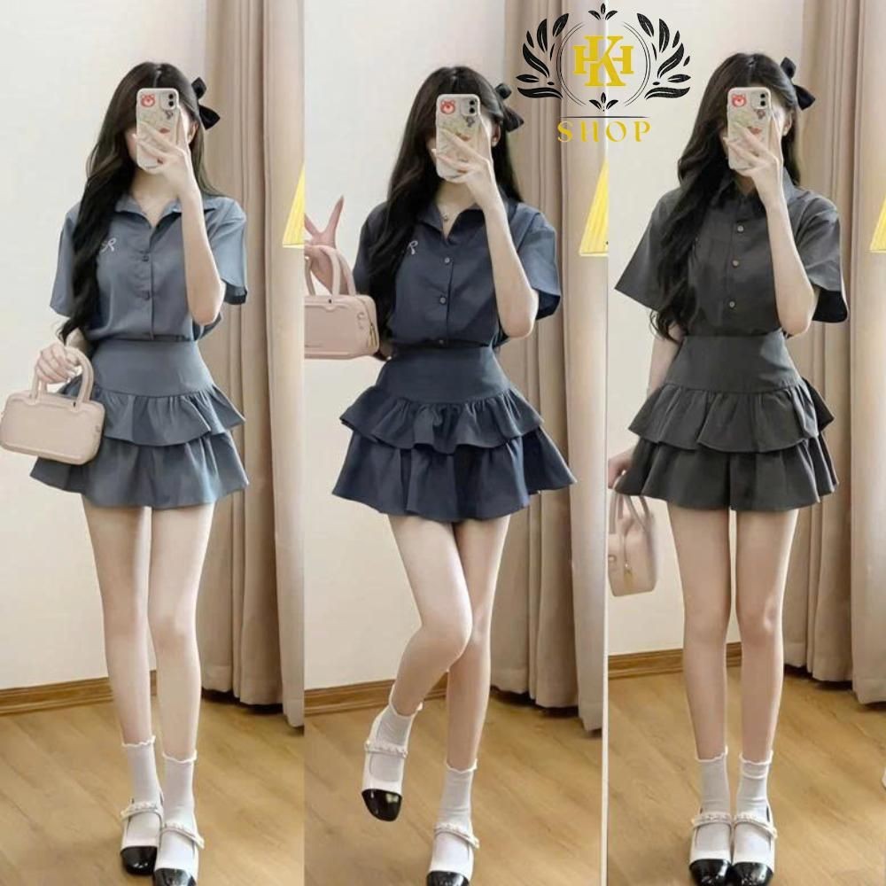 Set Đồ Nữ Set Váy Áo Cổ Sơ Mi Thêu Nơ Kèm Chân Váy Xòe 2 Tầng Có Quần Bảo Hộ Chất Xước Thái HK Shop