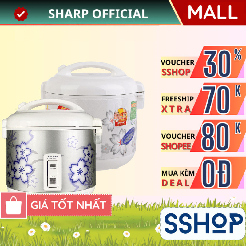 Nồi cơm điện nắp gài 1.8 lít Sharp Chính hãng, có khay hứng nước Sản xuất Thái Lan KS-N182ETV "SW" -