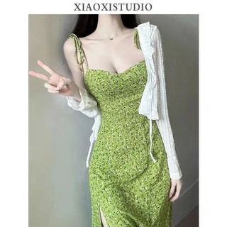 Yuewen Pháp Hẹp-Waist Nữ Xanh Bellflower Hoa Đi Biển Kỳ Nghỉ Sling Đầm