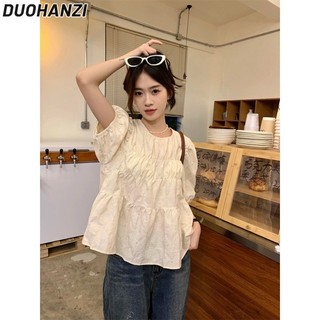 Duohanzi Áo sơ mi nữ thiết kế kiểu Pháp áo sơ mi tay phồng xếp li áo sơ mi ngắn dáng rộng