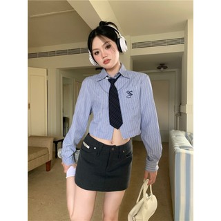 Kii Wii Mùa Thu Hàn Quốc Phong Cách Mới Nữ Đại Học Sọc Thêu Ngắn Tay Dài Đa Năng 240725