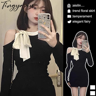 Yeya Váy dài tay rỗng phiên bản Hàn Quốc dành cho nữ Váy ôm nơ màu đen quấn mông