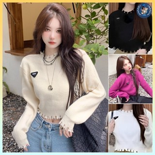[A239] Áo len thun nữ Montoghi dệt kim CROPTOP logo TAM GIÁC phối VIỀN RÁCH tay dài cá tính - L2M