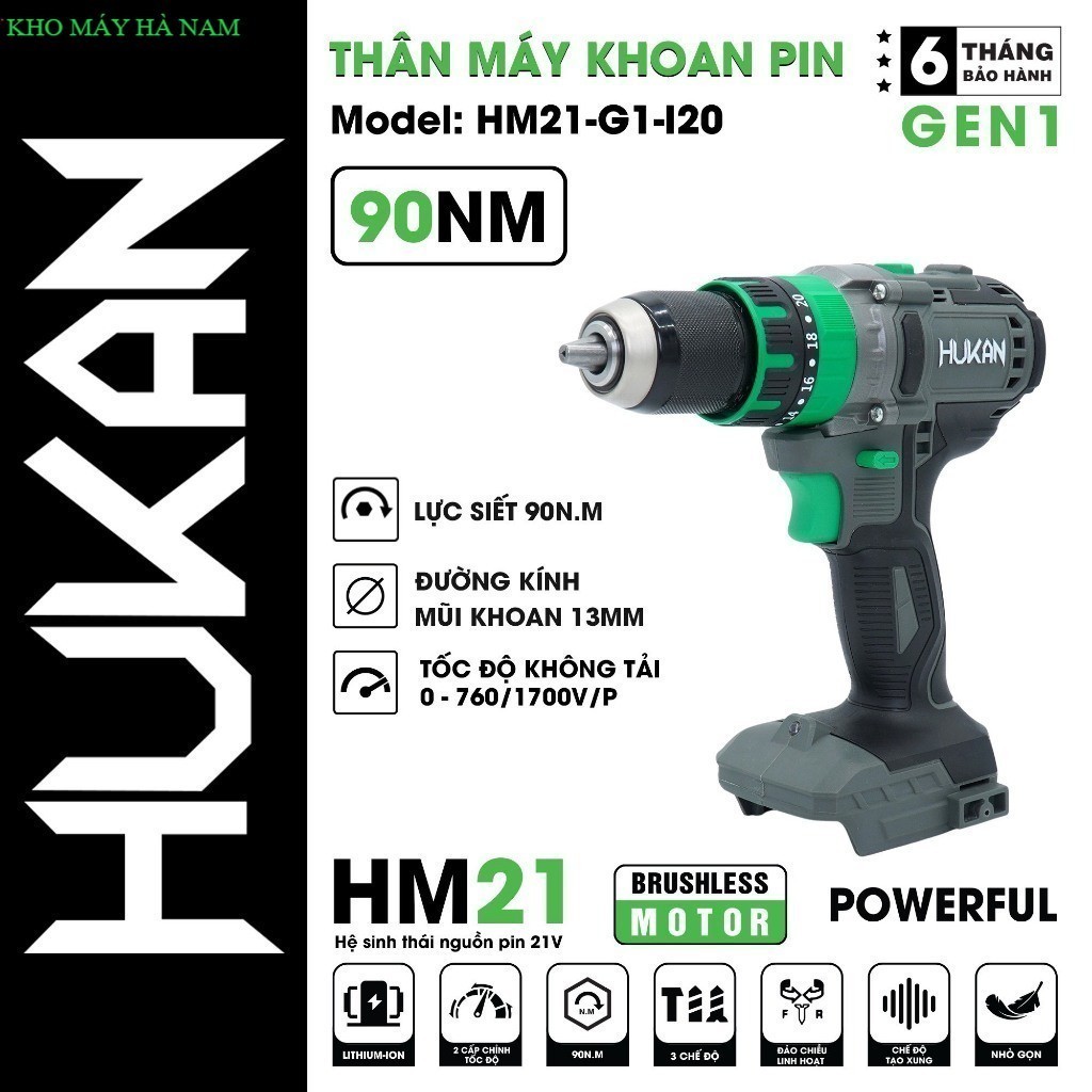 Thân Máy Khoan pi.m 3 Chức Năng HUKAN Hm21-G1-I20 Không Chổi Than Đầu Kẹp 13mm Lực Siết 90N.m KHO MÁ