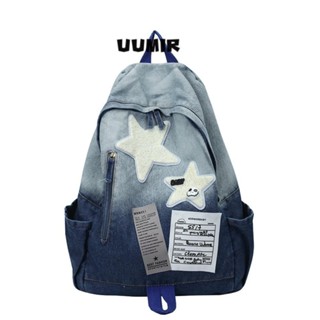 Ba Lô Ngôi Sao Denim Dung Tích Lớn Họa Tiết Ngôi Sao Trường Học Thời Trang Y2K Unisex Tất Cả Trận Đấu Đôi Vai Ngoài Trời