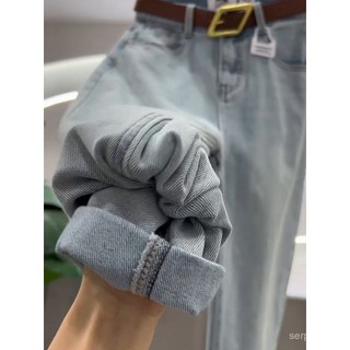 Quần bò nữ dáng gầy mẫu mới Quần Bà Ngoại hình Quả lê size lớn màu xanh nhạt bố mùa xuân ống đứng Harem béo mm