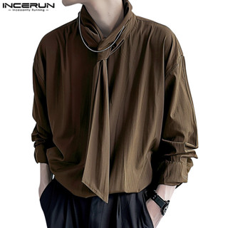 Incerun Nam Hàn Quốc Thiết kế dây buộc màu trơn giản dị Áo sơ mi dài tay hàng ngày