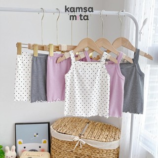 [11-24kg] Bộ Cộc Tay Cho Bé Gái Vải Cotton Borip Kẻ Ngang Bèo Nhún Gấu, Bộ 2 Dây Cho Bé Mặc Hè KC314