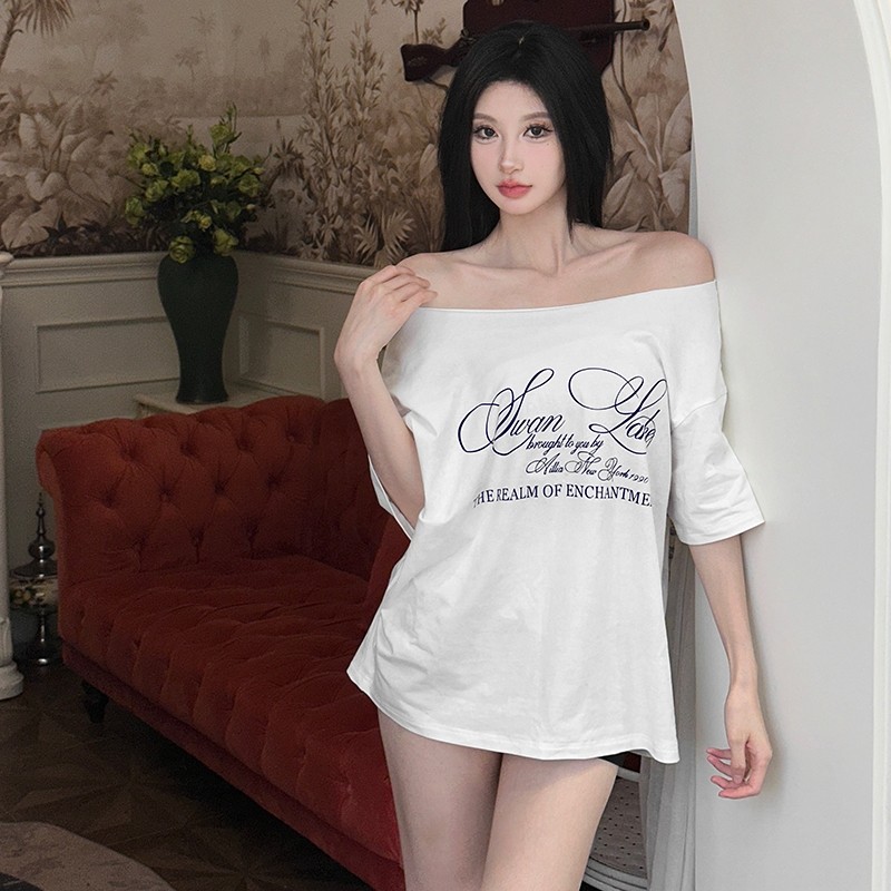 Áo Thun Klalien Chữ Bất Đối Xứng Đa Năng Đường Phố Không Khí Phong Cách Thời Trang Thường Ngày Thư Giãn Mùa Hè Nữ Nóng Mới | BigBuy360 - bigbuy360.vn