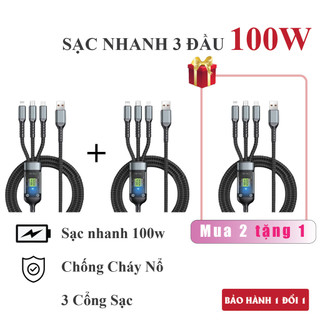 [MUA 2 TẶNG 1] Cáp Sạc Nhanh 3 Đầu 100W Dài 1.2m - Dây Sạc 3 Trong 1 Chống Đứt, Chống Rối. Cáp sạc điện thoại, Dây sạc.
