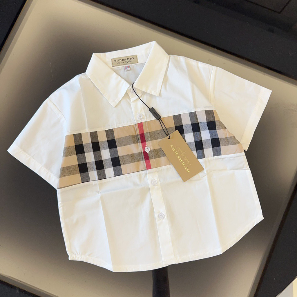 Burberry38563 Phong Cách Mới Trẻ Em Mùa Hè Tay Ngắn Kiểm Tra Áo Sơ Mi Mùa Hè Ve Áo Sơ Mi