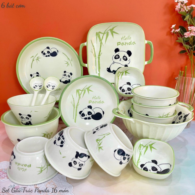 Bộ Bát Đĩa Gốm Sứ Decor, Bát Ăn Cơm, Bát Ăn Chè, Chén Dĩa Dễ Thương Bộ Bát Gấu Panda Xanh Lá xinh yê