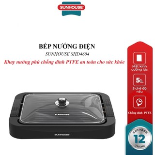 Bếp nướng điện Sunhouse SHD4604, Khay nướng phủ chống dính PTFE, 5 mức nhiệt nướng, Công suất 1700W, Nắp kính cường lực