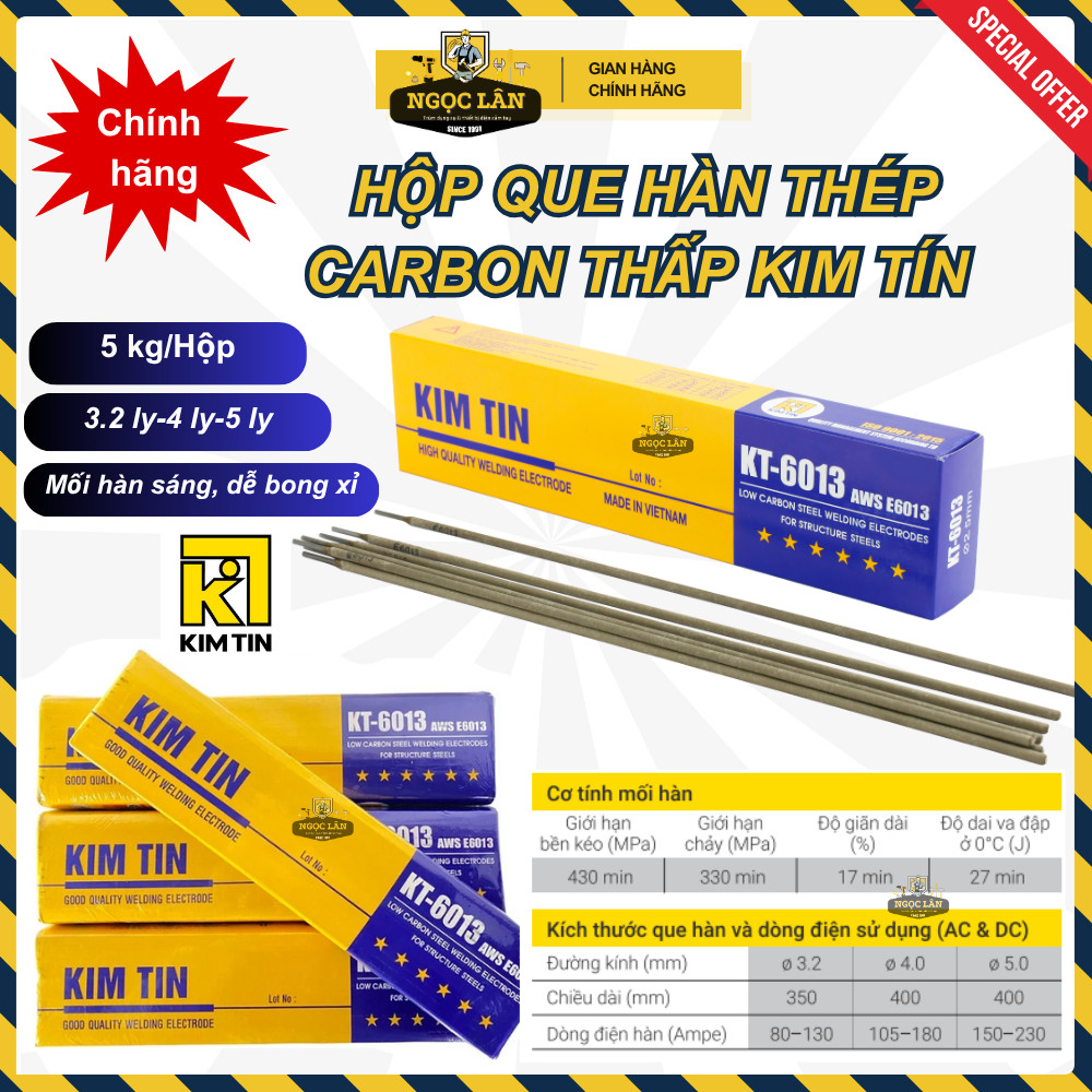 [Giá hộp 5kg chính hãng] Que hàn sắt thép carbon thấp Kim Tín 3.2mm, 4.0mm, 5.0mm (mã KT-6013)