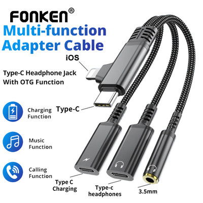 Fonken USB C / iOS sang 3,5mm Bộ chuyển đổi tai nghe USB C Sạc âm thanh Aux Jack Dongle Dây cáp cho iPh 16 15 Samsung