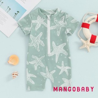 MG-Toddler Bé Trai Rash Guard Đồ Bơi Chống Nắng Tay Ngắn Cổ Tròn In Hình Sao Biển Dây Kéo Đồ Bơi