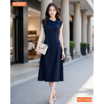 Đầm thiết kế BEMINE cổ sơ mi lệch sát nách dáng chữ A phù hợp đi chơi-MT11026