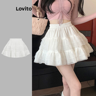 Chân váy nữ Lovito phối lưới ren tầng màu trơn xinh xắn L106AD927
