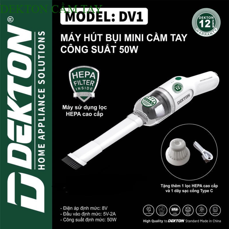 Máy hút bụi pin mini DEKTON DV1, Công suất 50w, Nhỏ gọn, hiện đại, Tặng Kèm 1 Lọc Bụi DEKTON CẦM TAY