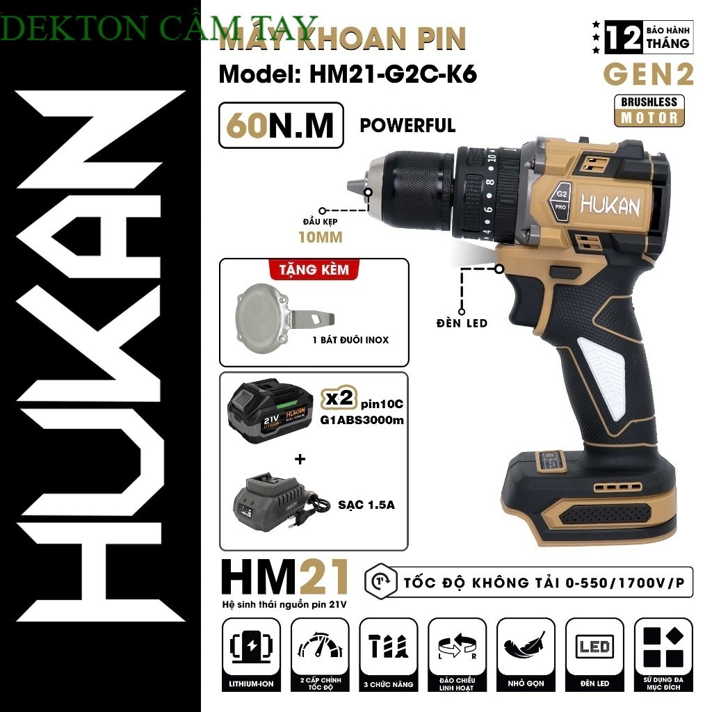 Máy khoan pin HUKAN HM21-G2C-K6, Động cơ Không chổi than, 3 Chức năng. DEKTON CẦM TAY