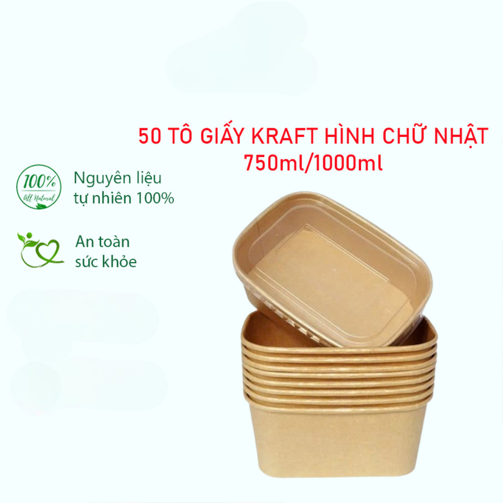 (Cây 50c) Lốc 50 tô giấy chữ nhật, tô giấy tròn, tô giấy kraft 750 - 1000ml màu nâu & nắp nhựa PET