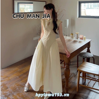 Chu MAN JIA Váy nữ Váy cao cấp màu trơn đơn giản Váy dài thiết kế giản dị mới