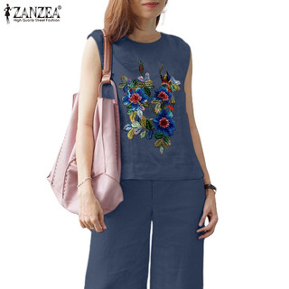 Zanzea Nữ Hàn Quốc Cổ Tròn Thêu Không Tay Túi Xếp Ly Ống Rộng Áo Quần