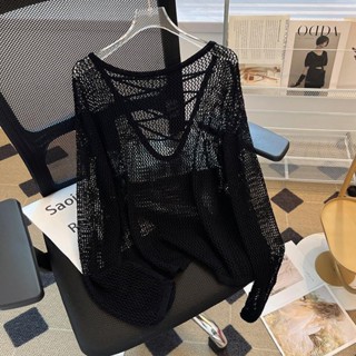 Đen Trắng Sọc Băng Lụa Áo Len Nữ Mùa Thu Lưới Áo Sơ Mi Tay Dài Rời Lười Phong Cách Áo Hot Girl Rỗng Top