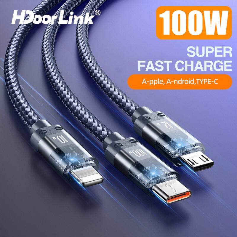 Cáp sạc nhanh HdoorLink 100W USB sang Type-C / Micro USB / iOS 3in1 Cáp dữ liệu cho iOS Android