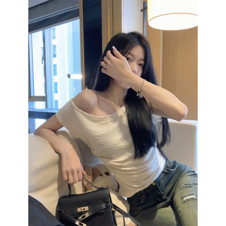  Áo thun ngắn tay lệch vai có họa tiết nữ mùa hè 2024 Phong cách mới kiểu Pháp Retro Slim-Fit Slimmer Look One-Shoul 