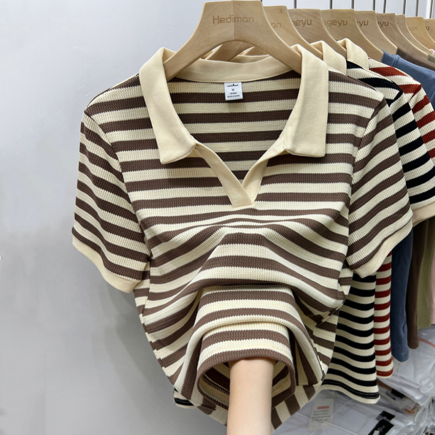 Áo thun nữ sọc bánh quế mùa hè BH cổ polo tay ngắn dáng rộng giản dị