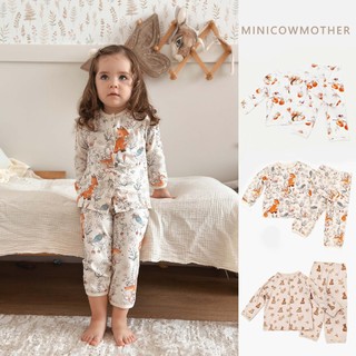 Bộ đồ ngủ dài tay bằng vải Cotton cho trẻ em - Áo len & quần có nút | In hình thỏ cáo hoạt hình dễ thương của Anh