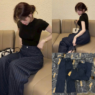 Quần  jeans giấy Kẻ Sọc Ống Rộng Màu Xanh Than Cạp Cao Tôn Dáng Chất Dày Dặn Dễ Phối Đồ