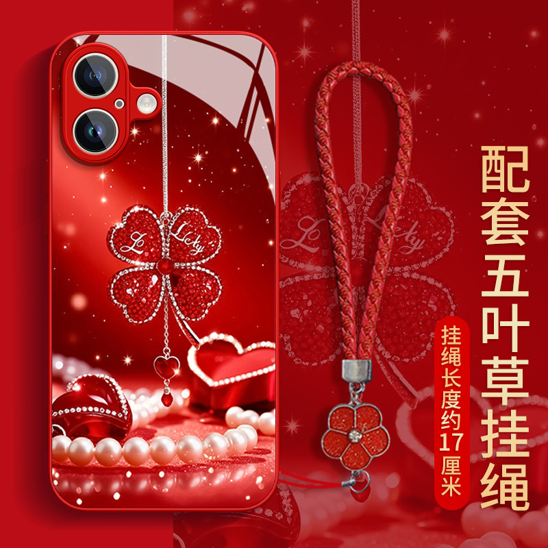 Trái Tim Tình Yêu Đỏ Cỏ May Mắn Có Dây Đeo Cho IPhone 16 Promax 15 Năm Mới Kính Đỏ Vỏ Điện Thoại 14 13 12 11promax 6 7 8 Plus Vỏ Bảo Vệ