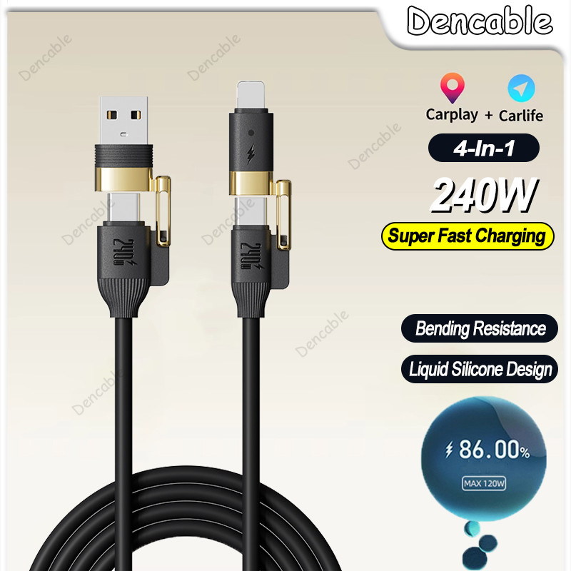 Cáp dữ liệu sạc nhanh 4 trong 1 240W Cáp sạc siêu nhanh bằng silicon lỏng Hợp kim kẽm Cáp sạc điện t