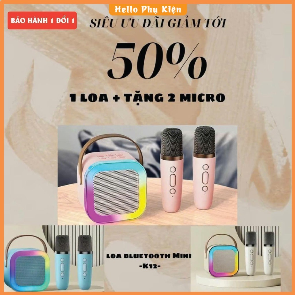 Loa kéo karaoke, Loa Bluetooth Karaoke Mini 2 Mic K12 – CÓ ĐÈN LED – Loa mini, Loa K12, Loa Karaoke 