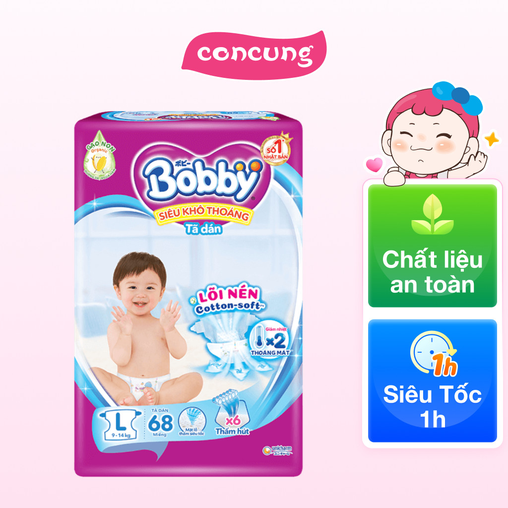 Tã dán Bobby Fresh Siêu thấm - Khô thoáng L68 - concung