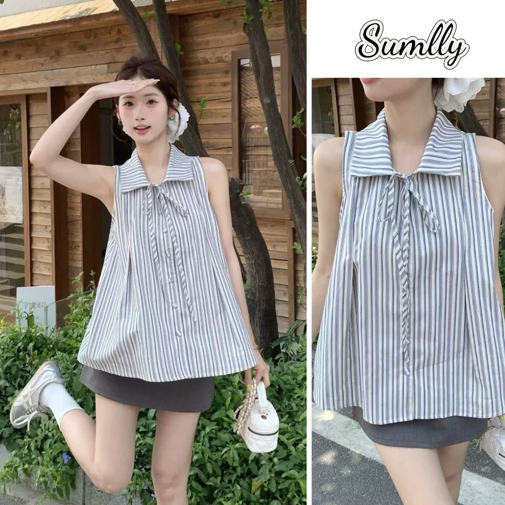 Áo sơ mi không tay kẻ sọc kiểu Pháp ngọt ngào, dáng babydoll Hàn Quốc rộng rãi cơ bản, áo nữ có nơ | BigBuy360 - bigbuy360.vn