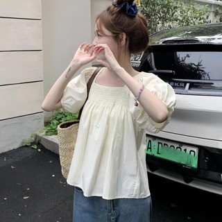 Áo Tay Phồng Trang Phục Nữ Mẫu Mới Cổ Vuông Ngắn Tay Rộng Rãi Kiểu Pháp Màu Hồng Thiết Kế Mùa Hè Ngọt Ngào