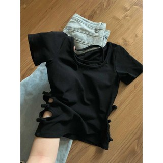 Nơ Sang Trọng Không Đều Rỗng Giả Hai Mảnh Pure Desire Đen Ngắn Tay Áo Thun Nữ Mùa Hè Ngắn Top