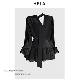 Đầm hela cổ V tay dài bồng nhẹ vải voan ôm eo dáng váy ngắn xếp li có dây dài vắt qua vai choàng cổ