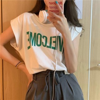 Áo thun Cotton không tay cổ điển mùa hè dành cho nữ phiên bản Hàn Quốc của áo in hình dáng rộng thô