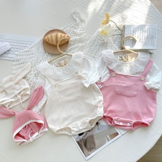 [Quần Yếm +Mũ+ Áo] Sét yếm xinh xắn cho bé gái chất nhung tăm bộ quần áo yếm túi trơn cổ Ren SLT133