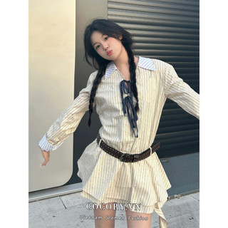 Cocorygirl Quần áo nữ Hàn Quốc Váy sọc mùa thu váy dài tay thời trang preppy