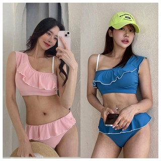 Bikini mẫu mới màu Trơn Dễ Thương Một Bên Vai Lệch Vai xù hai lớp áo tắm nữ