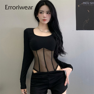 Erroriwear Nữ Body Lưới Màu Trơn Cổ Chữ U Tay Dài Slim Fit Áo Gợi Cảm